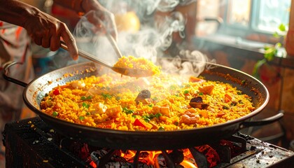 Paella being cooked in a large pan over an open fire.