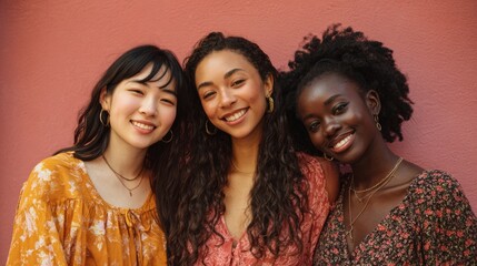 Three young women of diverse backgrounds are smiling together in front of a colorful pink wall, celebrating friendship and unity in a lively setting