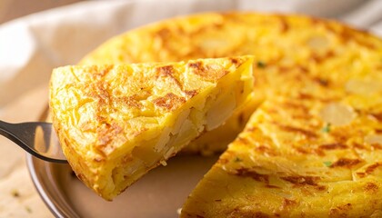 Spanish omelette, tortilla de patatas, with a slice being lifted by a fork.