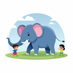 Naklejka premium A cute cartoon blue elephant with pink ears and white tusks standing on green grass with two happy children.