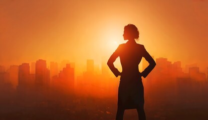 Fototapeta premium Silhouette of Businesswoman Against City Sunset