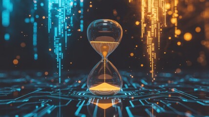 Time's Essence: An hourglass gracefully embodies the passage of time, its golden sand cascading within a digital landscape.