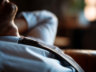 Fototapeta premium Businessman resting in chair with closed eyes, concept of relaxation, stress relief and balance between work and personal life