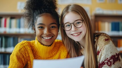 Smiling Diverse Girls Studying Together in Library