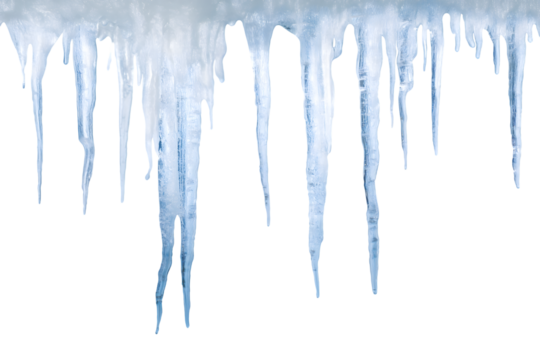 Elegant icy icicles hanging in winter isolated on white background