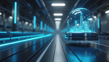 Cityscape hologram in a futuristic showcase, for technological concepts