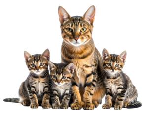 Mother cat with three kittens,  seated in a row, looking directly at viewer