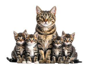 Mother cat with four kittens, all looking at viewer
