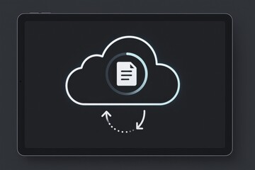 Minimal dark interface showing cloud storage icon with document upload and download arrows
