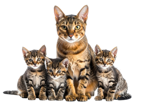 Mother cat with three kittens,  seated in a row, looking directly at viewer