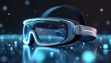 Augmented reality visor on a glowing, blue surface, conveying digital technology, with copy space