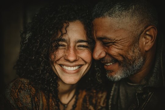 Joyful diverse couple sharing an intimate moment of pure happiness and connection - Powered by Adobe