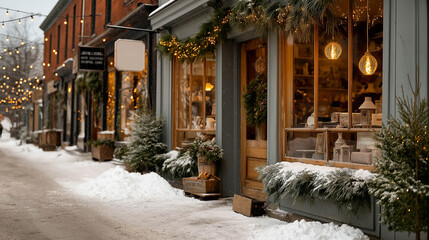 Charming winter street scene featuring quaint shops adorned with festive decorations, warm lights, and snow-covered ground, creating a cozy holiday atmosphere for visitors