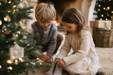 Two children, a boy and a girl, are joyfully decorating a Christmas tree with colorful ornaments and twinkling lights, creating a festive atmosphere in a cozy living room