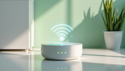 Smart home hub emitting wifi signal in a high tech environment, symbolizing connected living