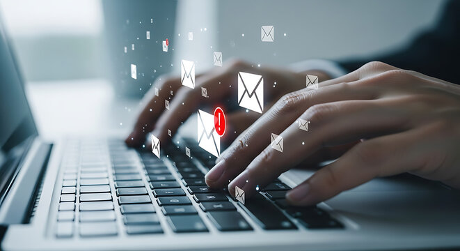 Close up of hands typing on laptop keyboard with digital envelope icons representing email correspondence and notification messages