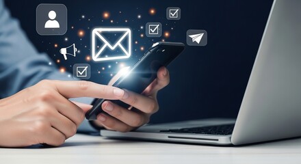 Digital Communication at Your Fingertips: Close-up of a hand interacting with a modern smartphone, with virtual icons representing email and digital communication.