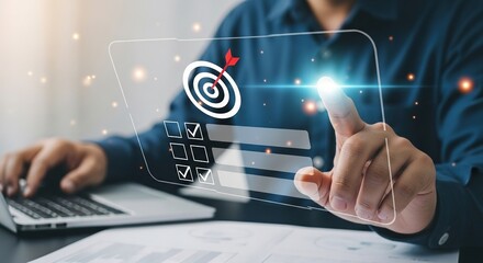 Setting Vision and Strategic Goals: A contemporary professional interacts with a digital interface, embodying the dynamic interplay of digital technology and strategic ambition