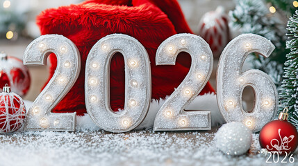 Festive New Year setup with glowing "2026" digits on a snowy background. Nearby, a Santa hat, ornaments, and small trees. Perfect for greetings or decor. Style: warm, with red, white, and green colors