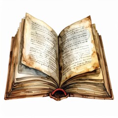 Open Antique Book with Brown Cover and Aged Pages on White Background