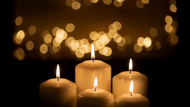 Warm Candlelight Glow: Five Lit Candles in Darkness with Bokeh Background, Festive Mood, Holiday Season, Spiritual Ambiance