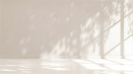 Minimalist Empty Room Background with Natural Sunlight and Tree Shadows on Textured Beige Wall, Perfect for Product Display and Aesthetic Design