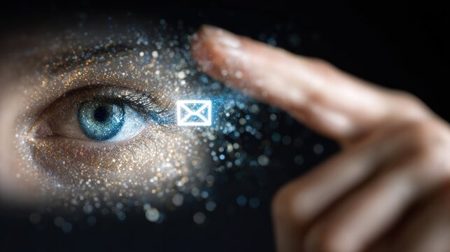 Human eye with finger and digital email icon overlay on dark background.