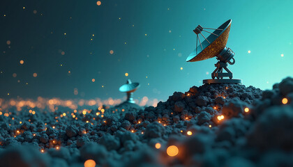 Satellite dishes for global communication with night sky background