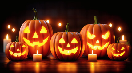 Fototapeta premium Glowing jack-o’-lanterns and candles in dark spooky halloween setting
