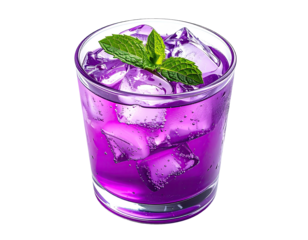 Purple drink in a glass with ice and mint