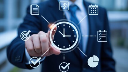 Time Management: A business professional interacting with a holographic interface, illustrating the concepts of time management, deadlines, and achieving goals in a streamlined process.