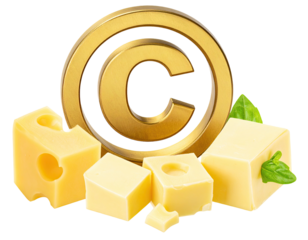 Golden copyright symbol over blocks of pale yellow cheese
