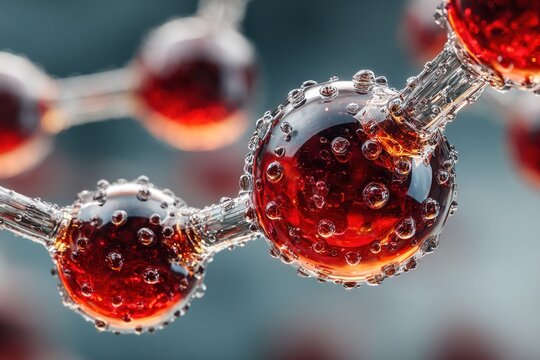 Close-up of a molecular structure with red spheres connected by silver rods.