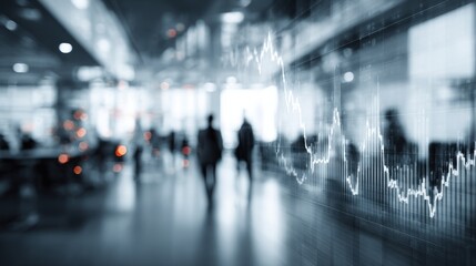 Blurred figures walk in a public space with a financial graph overlay.
