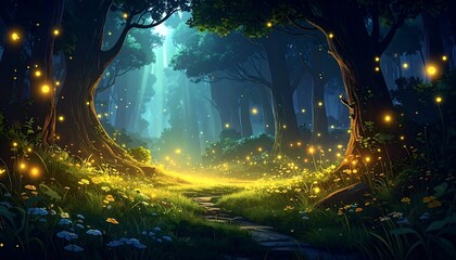 A mystical forest path glows with ethereal light from fireflies and the moon