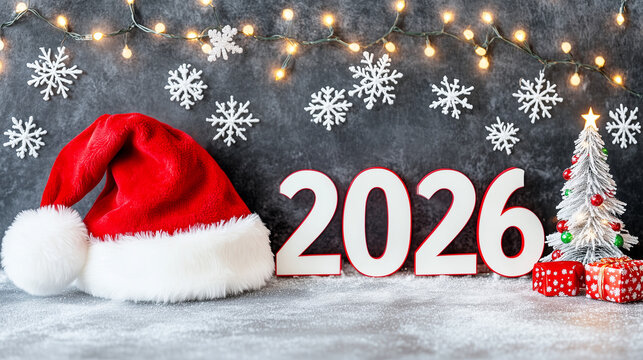 A Christmas composition with a red Santa hat with white fur and "2026" in white numerals. Beside it, a mini tree and gift boxes adorned with snowflakes. Set against a gray background with string light