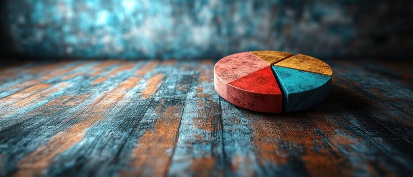 Rustic Pie Chart on Weathered Wooden Surface: A Visual Representation of Data Analysis