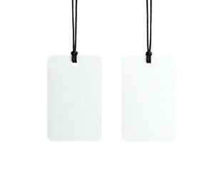 Two blank white rectangular tags, suspended by black cords
