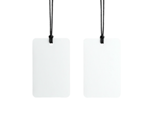 Two blank white rectangular tags, suspended by black cords