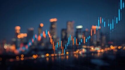 City skyline at night with financial chart overlayed blurred background.