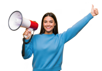 Young woman holding megaphone and giving thumbs up sign for announcement or promotion isolated on transparent background