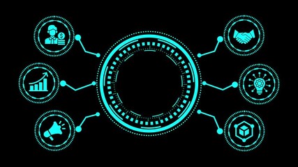 Futuristic interface concept with business icons and glowing neon circles on a black background, representing modern technology and innovation in the corporate world - Powered by Adobe