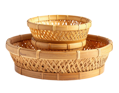 Two nested round light-tan woven bamboo baskets