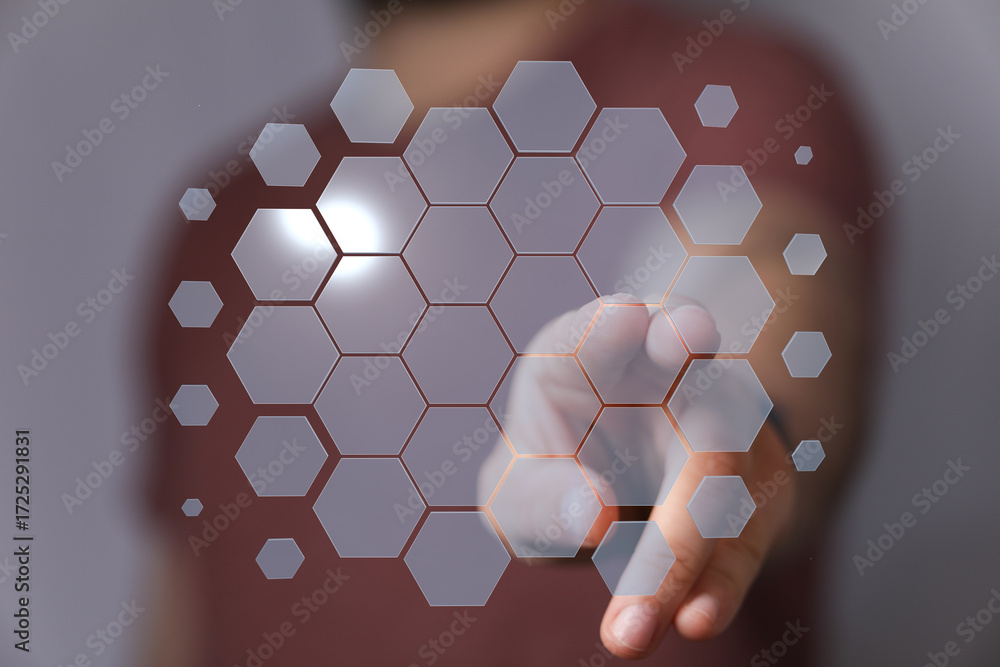 Poster abstract technology background. person interacting with futuristic hexagonal interface. innovation c
