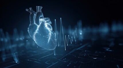 Digital heart with heartbeat waveform on a dark background medical concept.