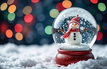 Snowman in a glitter red base snow globe with bokeh Christmas lights. Winter holiday decoration. Merry Christmas.