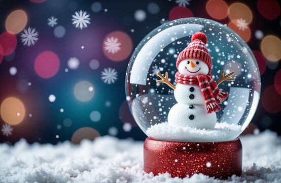 Snowman in a snow globe with falling snowflakes and bokeh lights. Winter holiday decoration for Christmas. Celebration and season concept.