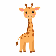 Adorable happy cartoon giraffe with a long neck and simple spots. Cute smiling baby safari animal character isolated on a white background