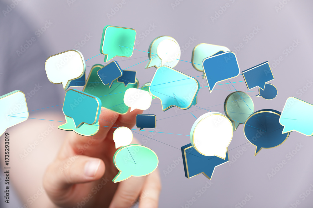 Poster abstract image of interconnected speech bubbles, symbolizing global communication and networking.