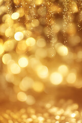 Fototapeta premium A dazzling, golden abstract background filled with blurred lights and sparkling glitters, creating a dreamy and magical atmosphere.